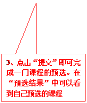 矩形标注: 3、点击“提交”即可完成一门课程的预选。在“预选结果”中可以看到自己预选的课程